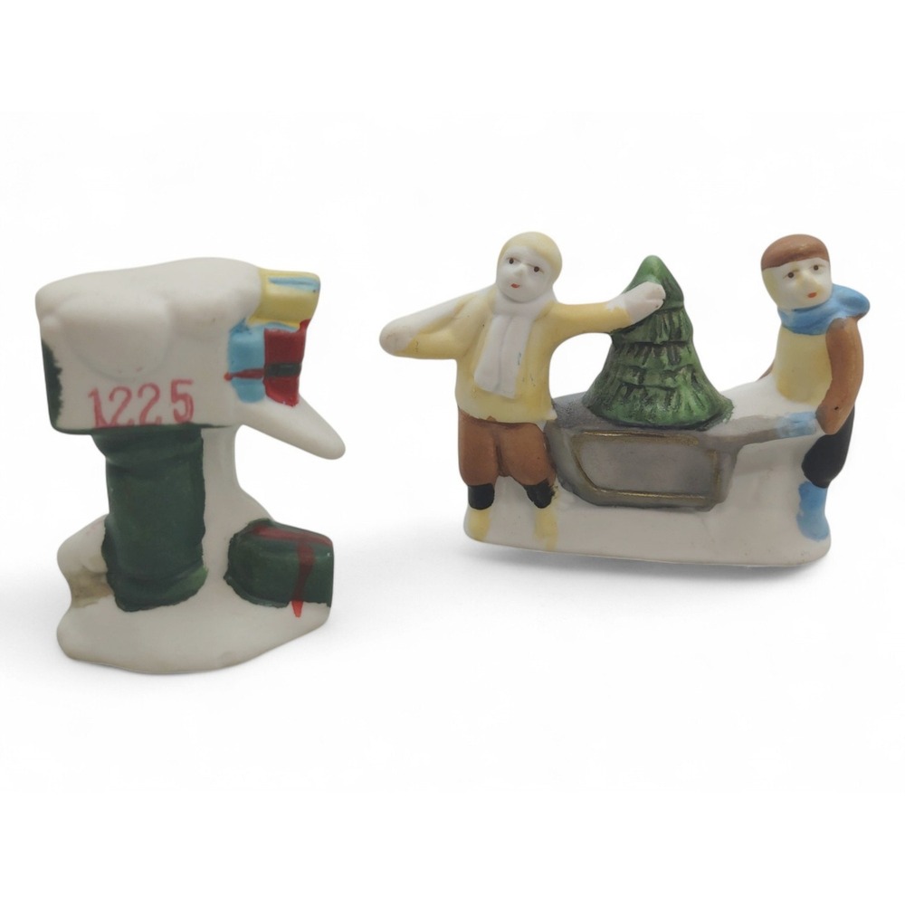 Christmas Figurine Set • Porcelain • Mailbox • Boys with Tree •‎ Holiday Village